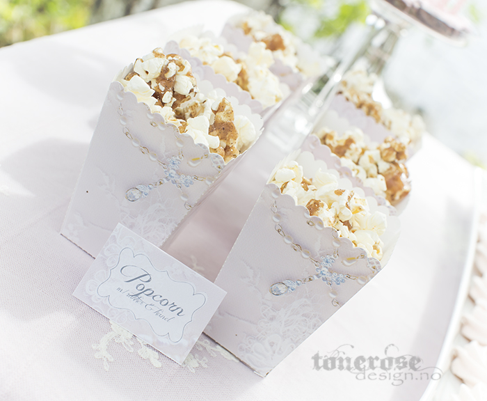 Vakre rosa blonde popcornbokser og etiketter - kjempesøte til bryllup, konfirmasjon osv