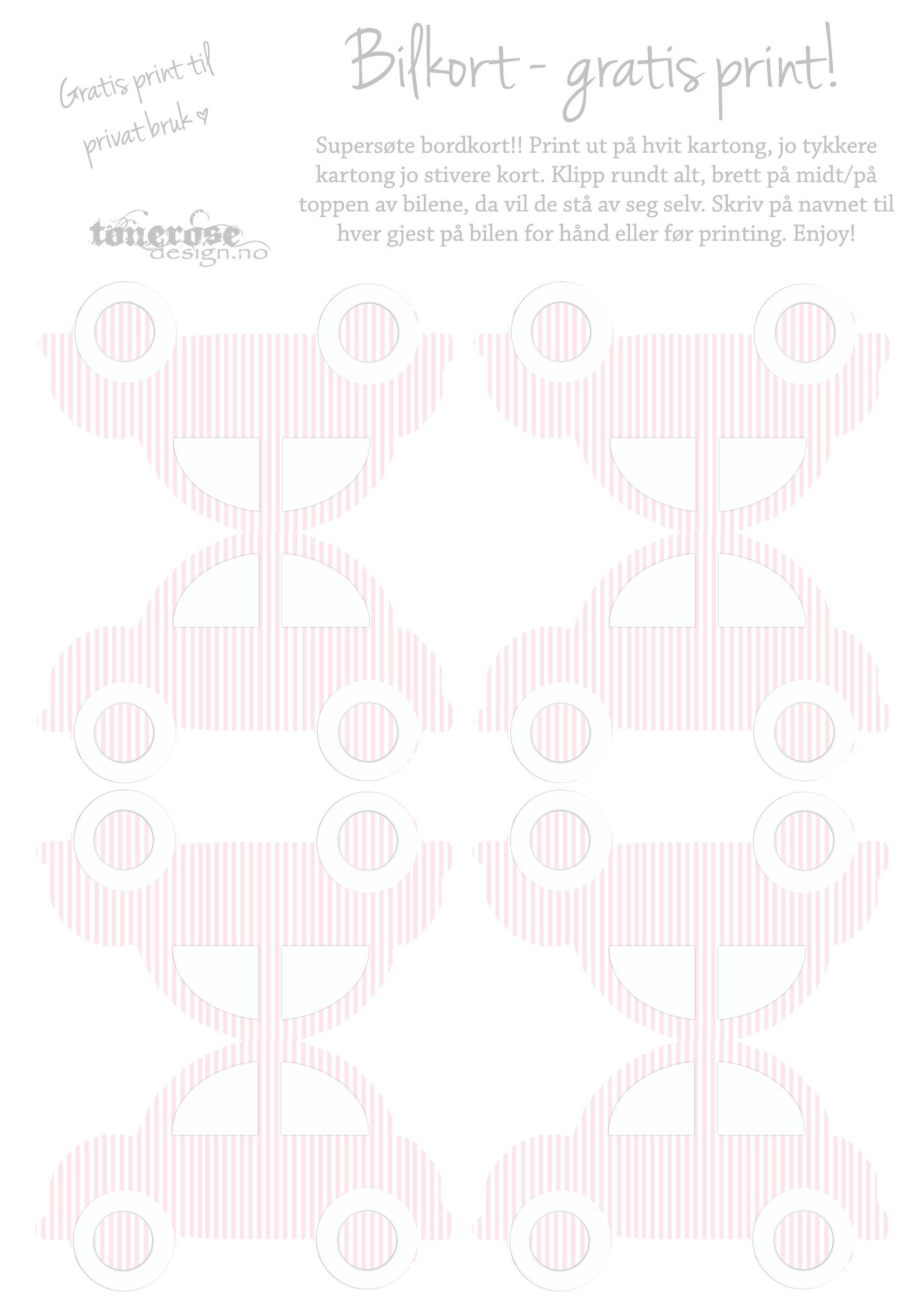 Boblebil bordkort gratis print ROSA tonerose design
